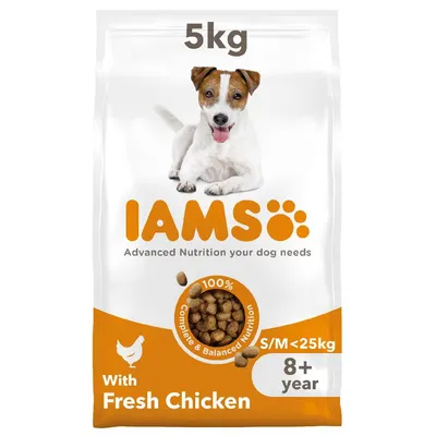 5kg bag labelled IAMS, advanced nutrition your dog needs, 100% complete and balanced nutrition, with fresh chicken, for small/medium under 25kg, 8+ years.