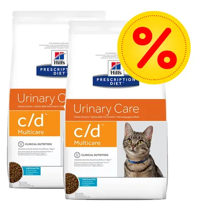 Hill's Prescription Diet Urinary Care c/d Multicare kattefoder med Ocean Fish, billede af to poser og procenttegn for tilbud.