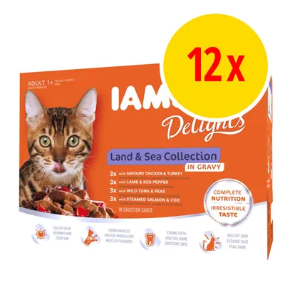 IAMS Delights Land & Sea Collection in Gravy kissan märkäruoka, 12 x annospakkaus. Makuja: kana ja kalkkuna, lammas ja paprika, tonnikala ja herneet, lohi ja turska. IAMS Delights Land & Sea Collection in Gravy kissan märkäruoka, 12 x annospakkaus. Makuja: kana ja kalkkuna, lammas ja paprika, tonnikala ja herneet, lohi ja turska.