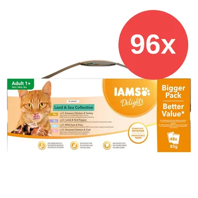 IAMS Delights Land & Sea Collection para gatos adultos 1+, pack de 96 sobres de 85 g. Variedades: pollo y pavo, cordero y pimiento rojo, atún y guisantes, salmón y bacalao.
