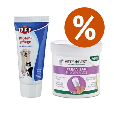 Trixie Pfotenpflege con cera d'api, immagine di cane e gatto sulla confezione; Vet's Best Clean Ear Finger Pads 50 pezzi, testo in inglese. Simbolo percentuale arancione.