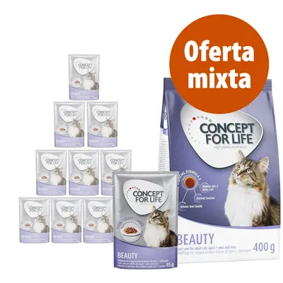 Oferta mixta Concept for Life Beauty para gatos: 8 sobres de 85 g y un saco de 400 g. Imagen de los envases con gato y texto visible en el paquete grande.
