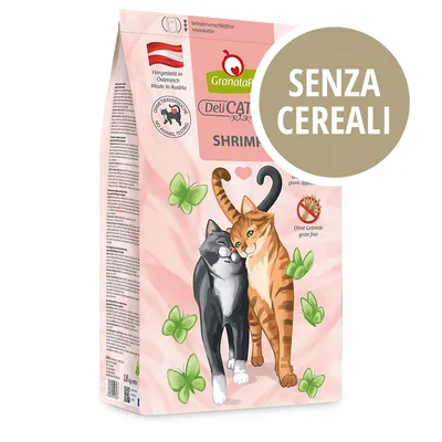 GranataPet DeliCATessen SHRIMPS, senza cereali, prodotto in Austria, no animal testing. Testo visibile: SENZA CEREALI.
