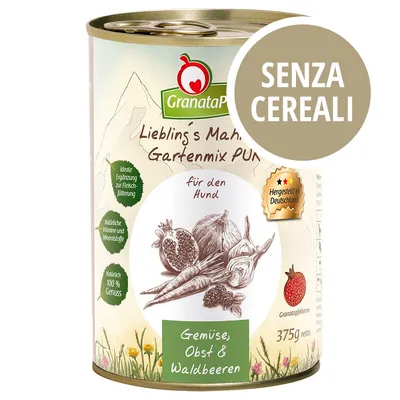 GranataPet Liebling's Mahlzeit Gartenmix PUR per cani, senza cereali, 375 g, verdure, frutta e frutti di bosco, prodotto in Germania. Testo visibile: SENZA CEREALI.