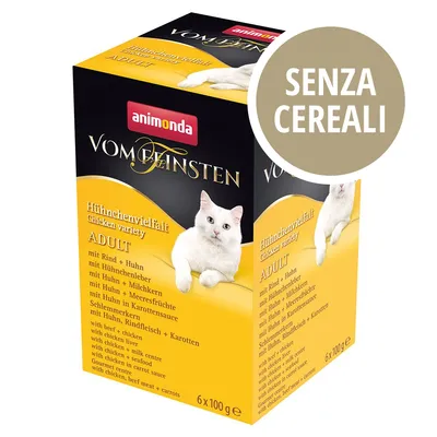 Confezione Animonda Vom Feinsten Adult Huhnchenvielfalt, 6 x 100 g, con scritta 'SENZA CEREALI' visibile. Immagine di un gatto bianco sulla scatola.