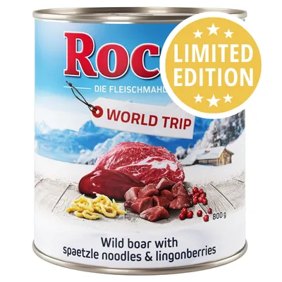 Lata de comida para mascotas Rocco World Trip, edición limitada. Texto visible: Wild boar with spaetzle noodles & lingonberries, 800 g.