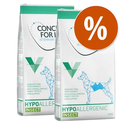 Due sacchi di Concept for Life Veterinary Hypoallergenic Insect 12 kg, testo visibile: 'Reduced food intolerances with hypoallergenic insect protein skin support', simbolo percentuale arancione.