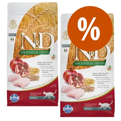 N&D Ancestral Grain Adult Katzenfutter mit Huhn, Dinkel, Hafer und Granatapfel, Farmina Pet Foods, zwei 1,5 kg Beutel, Prozentzeichen für Rabattaktion sichtbar