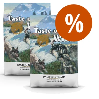 Due confezioni di Taste of the Wild Pacific Stream Puppy Formula with Smoked Salmon, A Grain-Free Diet, con simbolo percentuale arancione per offerta.
