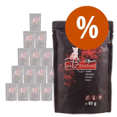 Multipack di bustine catz finefood Purrrr Huhn 85 g, visibile simbolo percentuale per offerta. Testo sulla confezione: chicken, poulet, pollo. Immagine del prodotto frontale.