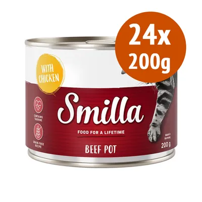 Confezione da 24 lattine Smilla Beef Pot 200 g, con scritte: With Chicken, Contains Taurine, Grain-Free Recipe, Food for a Lifetime. Immagine di un gatto visibile sulla confezione.