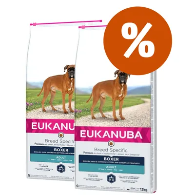 Due sacchi di crocchette Eukanuba Breed Specific Boxer Adult 12 kg con immagine di un boxer e simbolo percentuale arancione in alto a destra. Due sacchi di crocchette Eukanuba Breed Specific Boxer Adult 12 kg con immagine di un boxer e simbolo percentuale arancione in alto a destra.