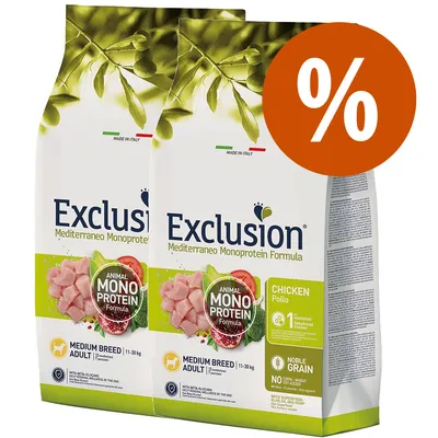 Due confezioni di Exclusion Mediterraneo Monoprotein Formula Chicken Pollo per cani adulti taglia media 11–30 kg, scritta 'Animal Mono Protein', simbolo percentuale arancione in alto a destra. Due confezioni di Exclusion Mediterraneo Monoprotein Formula Chicken Pollo per cani adulti taglia media 11–30 kg, scritta 'Animal Mono Protein', simbolo percentuale arancione in alto a destra.
