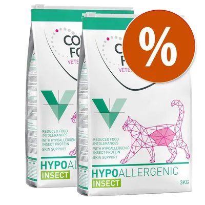 2 sacchi da 3 kg di crocchette per gatti, testo visibile: HYPOALLERGENIC INSECT, reduced food intolerances, with hypoallergenic insect protein, skin support, simbolo percentuale in arancione