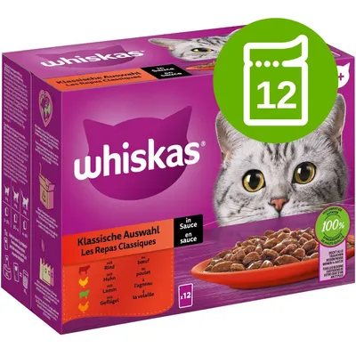 whiskas Klassische Auswahl macskaeledel szószban, 12 tasakos csomag, marha, csirke, bárány, baromfi. 100% teljes értékű összetevők felirat látható a dobozon. whiskas Klassische Auswahl macskaeledel szószban, 12 tasakos csomag, marha, csirke, bárány, baromfi. 100% teljes értékű összetevők felirat látható a dobozon.