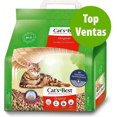 Cat's Best Original, 100% Pflanzliche Streu – Organic litter. Top Ventas. Paquete de arena vegetal aglomerante para gatos, 21,1 kg. Texto adicional en alemán e inglés visible.
