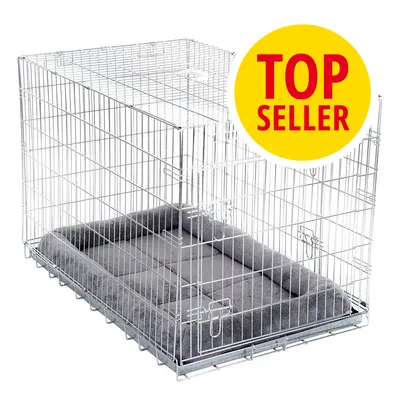 Kovová klec s šedým polstrovaným pelíškem uvnitř, v pravém horním rohu žlutý kruh s červeným textem TOP SELLER.