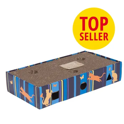 Rascador rectangular de cartón para gatos con diseño de rayas azules y siluetas de gatos. Etiqueta amarilla con texto: TOP SELLER. Rascador rectangular de cartón para gatos con diseño de rayas azules y siluetas de gatos. Etiqueta amarilla con texto: TOP SELLER.