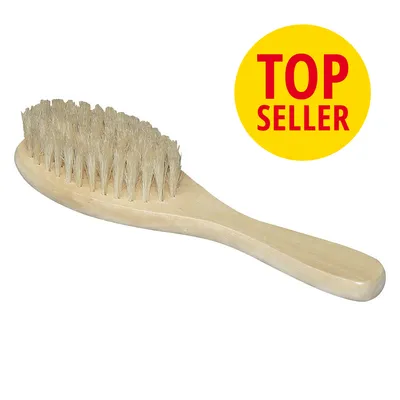 Kartáč s dřevěnou rukojetí a světlými štětinami, žlutý kruh s červeným textem TOP SELLER