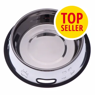 Nerezová miska s vyrytými motivy tlapek a kostí, žlutý kruh s červeným textem TOP SELLER v pravém horním rohu. Nerezová miska s vyrytými motivy tlapek a kostí, žlutý kruh s červeným textem TOP SELLER v pravém horním rohu.