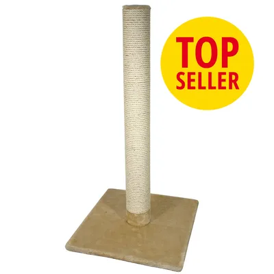 Tiragraffi con base quadrata rivestita in tessuto beige e colonna in sisal chiaro. Cerchio giallo con testo rosso: TOP SELLER.