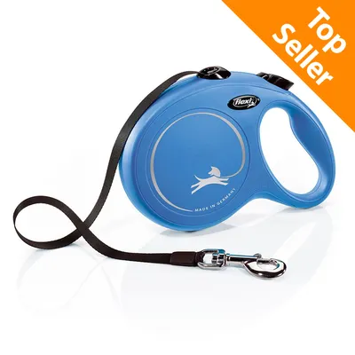 Guinzaglio avvolgibile Flexi blu con manico, scritta 'Made in Germany' e simbolo cane. Etichetta arancione in alto a destra con testo 'Top Seller'.