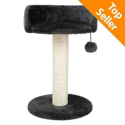 Tiragraffi per gatti con base e cuccia in tessuto grigio, colonna centrale rivestita in corda chiara, pallina appesa. Angolo arancione con testo: Top Seller. Tiragraffi per gatti con base e cuccia in tessuto grigio, colonna centrale rivestita in corda chiara, pallina appesa. Angolo arancione con testo: Top Seller.