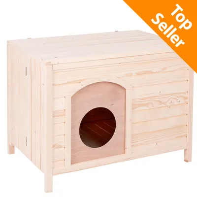 Cuccia rettangolare in legno chiaro con ingresso rotondo, scritta Top Seller in alto a destra.