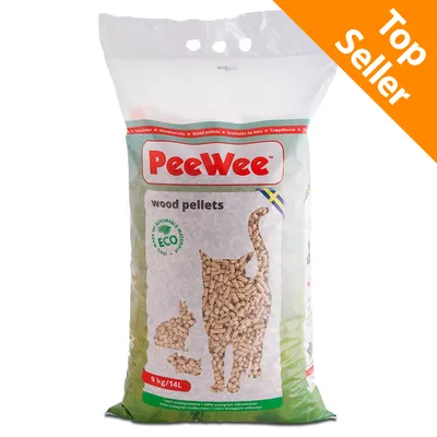 Sacchetto PeeWee wood pellets 9 kg/14L, scritta Top Seller, immagini di gatto e coniglio formate da pellet, testo ECO e bandiera svedese visibili sulla confezione.