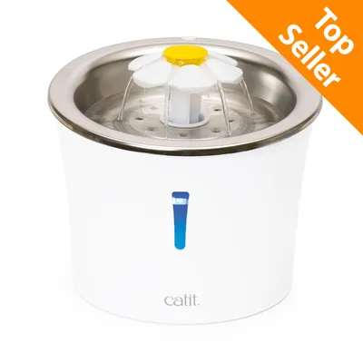 Fontanella per animali Catit con parte superiore in acciaio inox, indicatore livello acqua blu e scritta Top Seller in alto a destra.