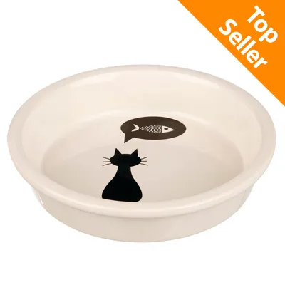 Ciotola in ceramica beige con disegno di gatto nero e fumetto con pesce. Angolo arancione in alto a destra con testo bianco: Top Seller. Ciotola in ceramica beige con disegno di gatto nero e fumetto con pesce. Angolo arancione in alto a destra con testo bianco: Top Seller.