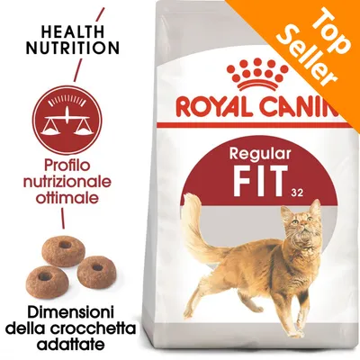 Royal Canin Regular Fit 32, Top Seller, Profilo nutrizionale ottimale, dimensioni della crocchetta adattate, immagine di gatto e crocchette visibili sulla confezione.