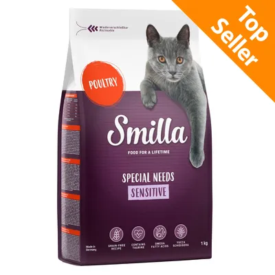 Smilla Special Needs Sensitive, alimento per gatti, gusto poultry, confezione da 1 kg. Testo visibile: grain-free recipe, contains taurine, omega fatty acids, yucca schidigera, Top Seller.