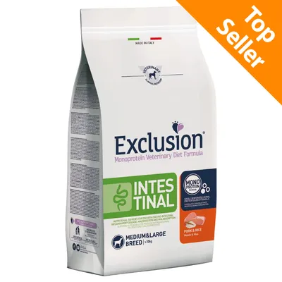 Exclusion Monoprotein Veterinary Diet Formula Intestinal, supporto nutrizionale per cani taglia media e grande >10 kg, maiale e riso. Top Seller visibile in alto a destra.