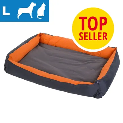 Pelíšek pro psy a kočky, velikost L, šedý s oranžovým okrajem. Žlutý kruh s červeným textem: TOP SELLER.