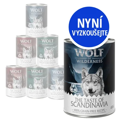 Konzervy Wolf of Wilderness: The Taste of Scandinavia, The Taste of Canada, The Taste of the Mediterranean. Modrý kruh s textem: Nyní vyzkoušejte.