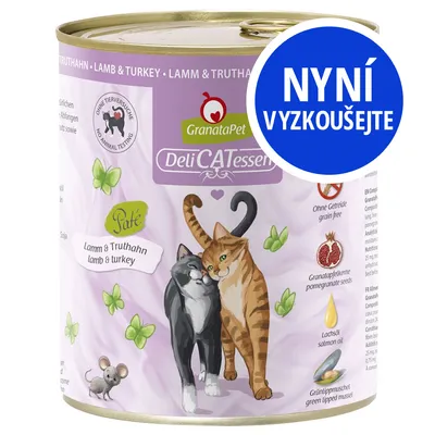 Konzerva GranataPet DeliCATessen Paté Lamm & Truthahn, ilustrace dvou koček, text: NYNÍ VYZKOUŠEJTE, bez obilovin, granátová jablka, lososový olej, zelená mušle, bez testování na zvířatech.