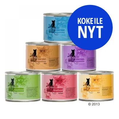 catz finefood -kissanruokapurkkeja eri väreissä: N° 13 sininen, N° 9 ruskea, N° 11 violetti, N° 5 vihreä, N° 3 punainen, N° 7 keltainen. Sininen ympyrä: KOKEILE NYT