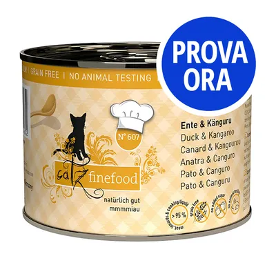 Catz finefood N° 607, Ente & Känguru, naturalmente buono, senza cereali, no animal testing, prova ora. Testo in tedesco, inglese, francese, italiano e spagnolo visibile sull'etichetta.