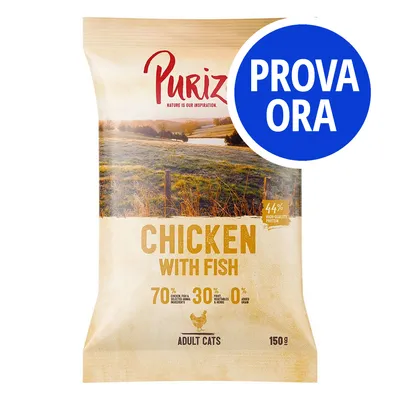 Purizon Chicken with Fish per gatti adulti, 150 g. 70% ingredienti di pollo e pesce, 30% frutta/erbe, 0% cereali aggiunti, 44% proteine. Etichetta blu: PROVA ORA. Purizon Chicken with Fish per gatti adulti, 150 g. 70% ingredienti di pollo e pesce, 30% frutta/erbe, 0% cereali aggiunti, 44% proteine. Etichetta blu: PROVA ORA.