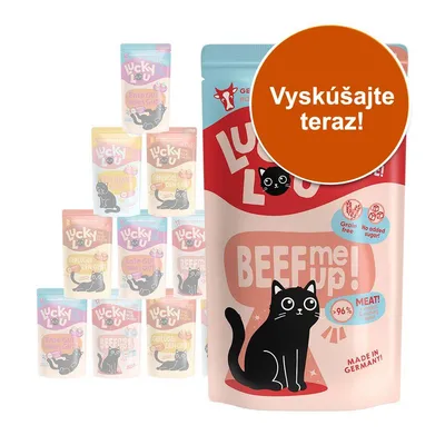 Lucky Lou BEEF me up! krmivo pre mačky, nápisy: Grain free, No added sugar!, >96 % meat!, Made in Germany. Oranžový kruh s textom: Vyskúšajte teraz!