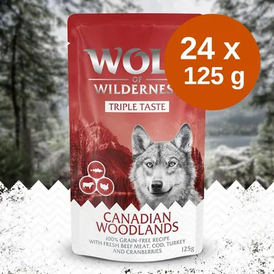 Wolf of Wilderness Triple Taste Canadian Woodlands, 24 x 125 g, 100% grain-free recipe with fresh beef meat, cod, turkey and cranberries, 125 g tasakos kiszerelés