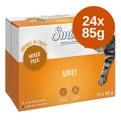 Smilla Adult Mixed Pack macskaeledel, 24x85g. Chunks in gravy, 6x csirke és répa, 6x pisztráng és zöldbab, taurin, hozzáadott cukor nélkül.