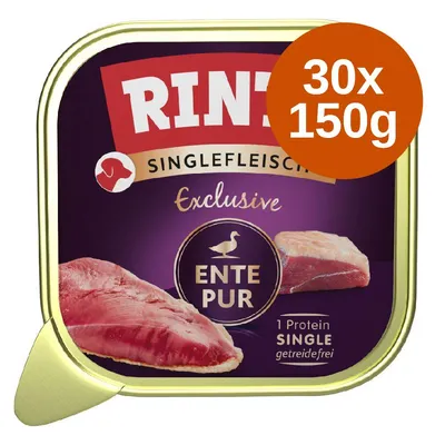 Rinti Singlefleisch Exclusive Ente Pur nedves eledel csomagolás, 30×150g, látható kacsahús szeletekkel, feliratok: 1 Protein Single, getreidefrei