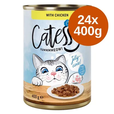 Catessy macskaeledel csirkehússal, 24×400 g, konzerv dobozon: Jelly-cious!, no added sugar, 400 g. Macskás illusztráció és tál étel látható.
