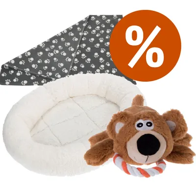 Štartovací balíček pre šteniatka: pelech Fluffy 2v1 + flísová deka + medvedík - pelech + deka + hračka