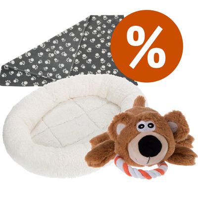 Štartovací balíček pre šteniatka: pelech Fluffy 2v1 + flísová deka + medvedík pelech + deka + hračka