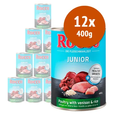 Rocco Junior 12 x 400 g umido per cane - 2 gusti: Pollame con Cuori di Pollo + Pollame, Selvaggina e Riso