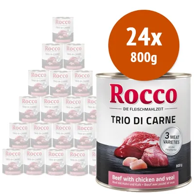 Rocco Trio di Carne, 24 lattine da 800 g. Testo visibile: '3 meat varieties', 'Beef with chicken and veal'. Immagine delle lattine e carne sul fronte confezione.