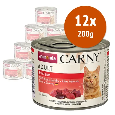 animonda Carny ADULT Rind pur, 12x200g, alimento per gatti adulti. Testo visibile: 100% frische Zutaten, Ohne Getreide, Made in Germany, mit Taurin, manzo puro.